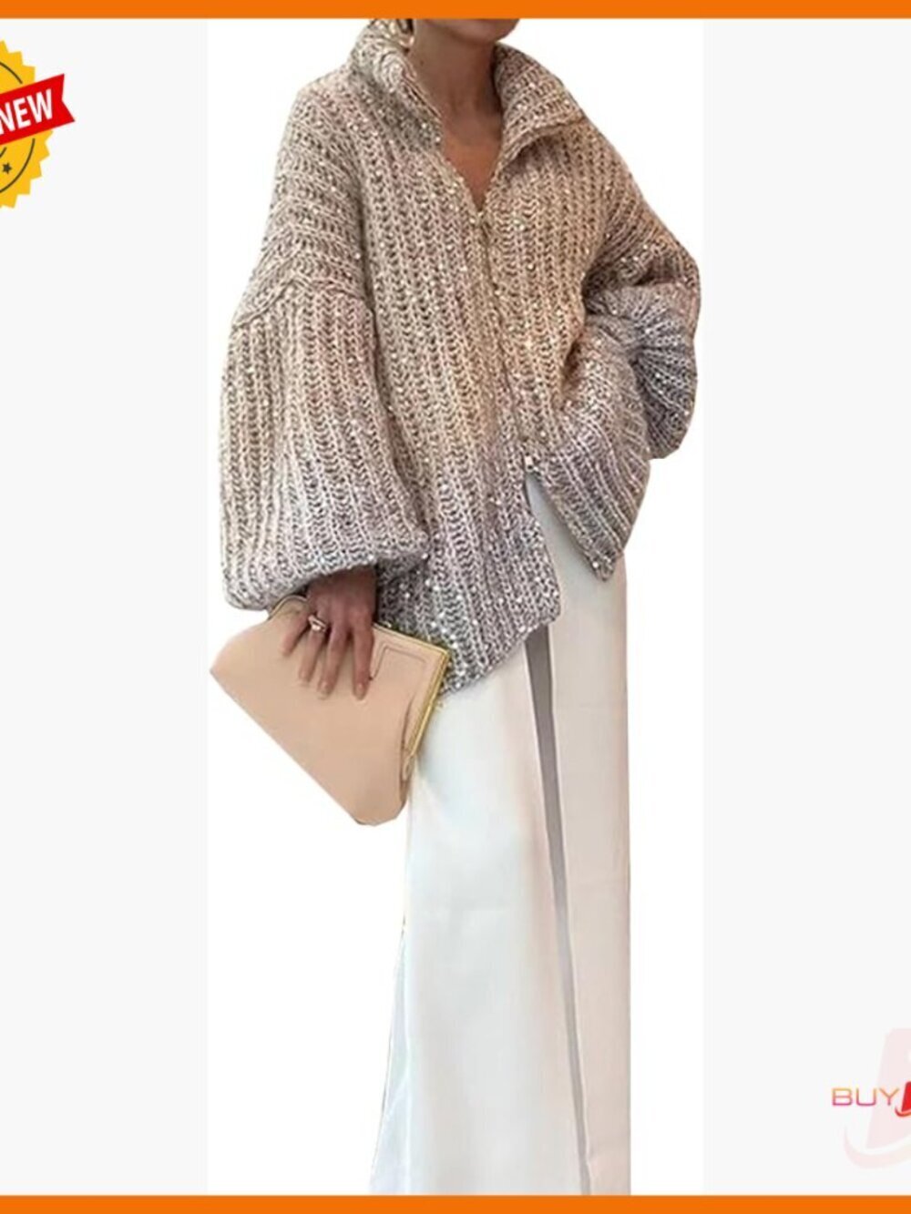 Oversized Sequin Cardigan with Lantern Sleeves and Zip Front